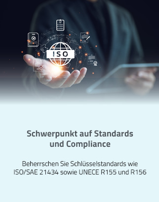 Schwerpunkt auf Standards und Compliance: Beherrschen Sie Schlüsselstandards wie ISO/SAE 21434 sowie UNECE R155 und R156